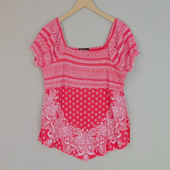 Absolutely Famous Tops - Absolutely Famous Women Boho Smocked Top Size 1X Country Western Mixed Print